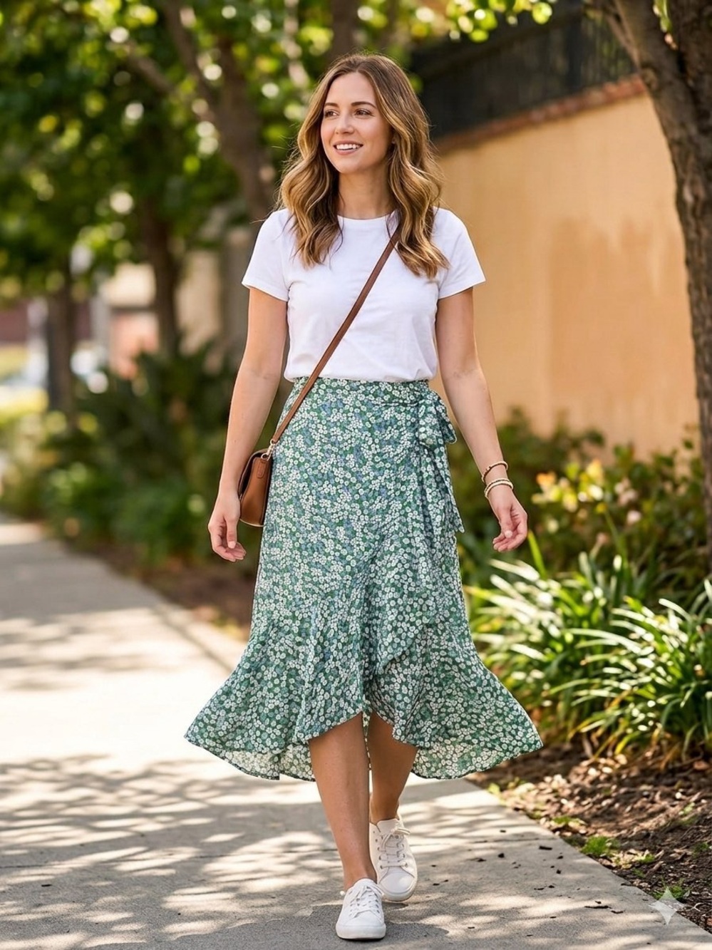 Max Studio Green Floral Wrap Midi Skirt with Ruffle Hem